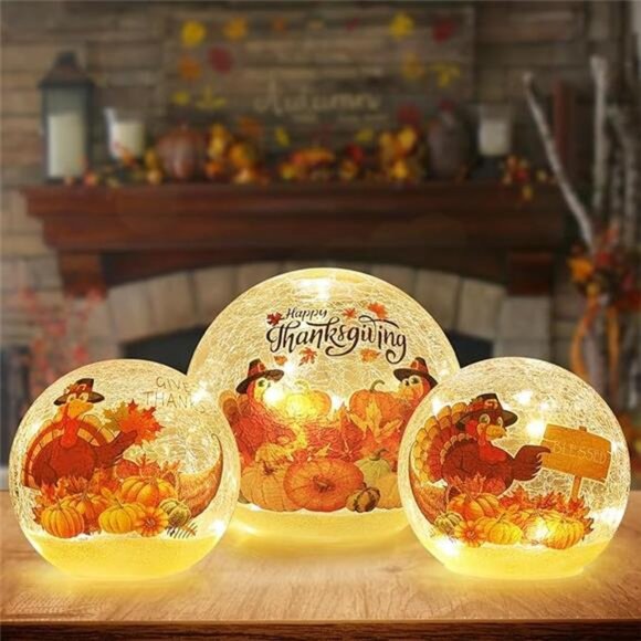 Thanksgiving Table Decorations, Set of 3 Turkey Sparkling Crackle Glass Ball - Picture 7 of 7